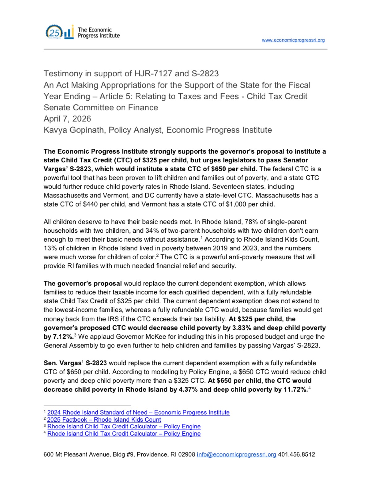 Testimony in support of HJR-7127 and S-2823: Rhode Island Child Tax Credit — Economic Progress Institute