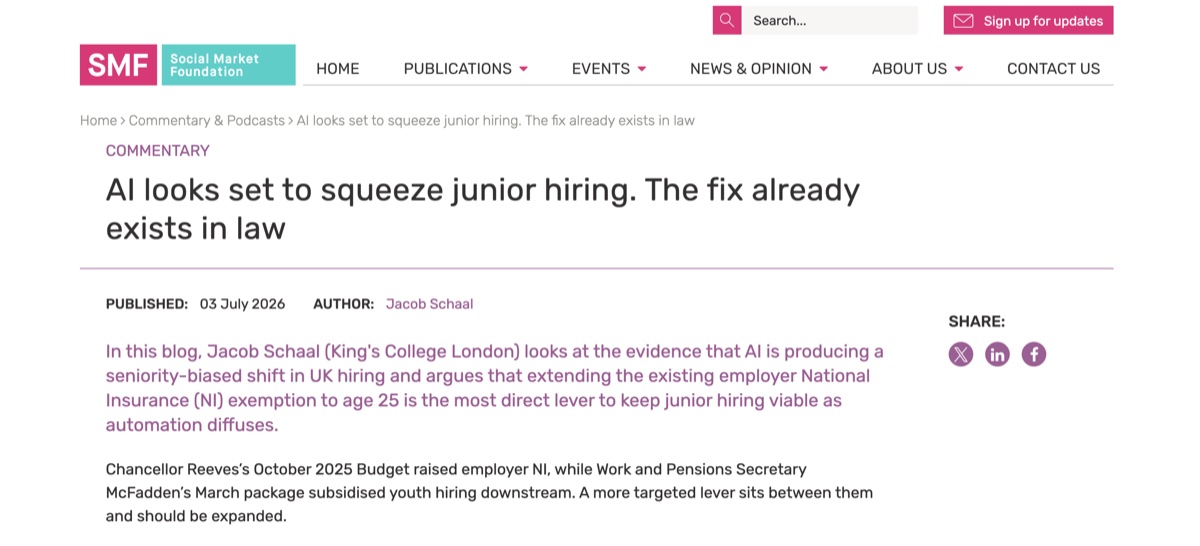 AI looks set to squeeze junior hiring. The fix already exists in law — Social Market Foundation