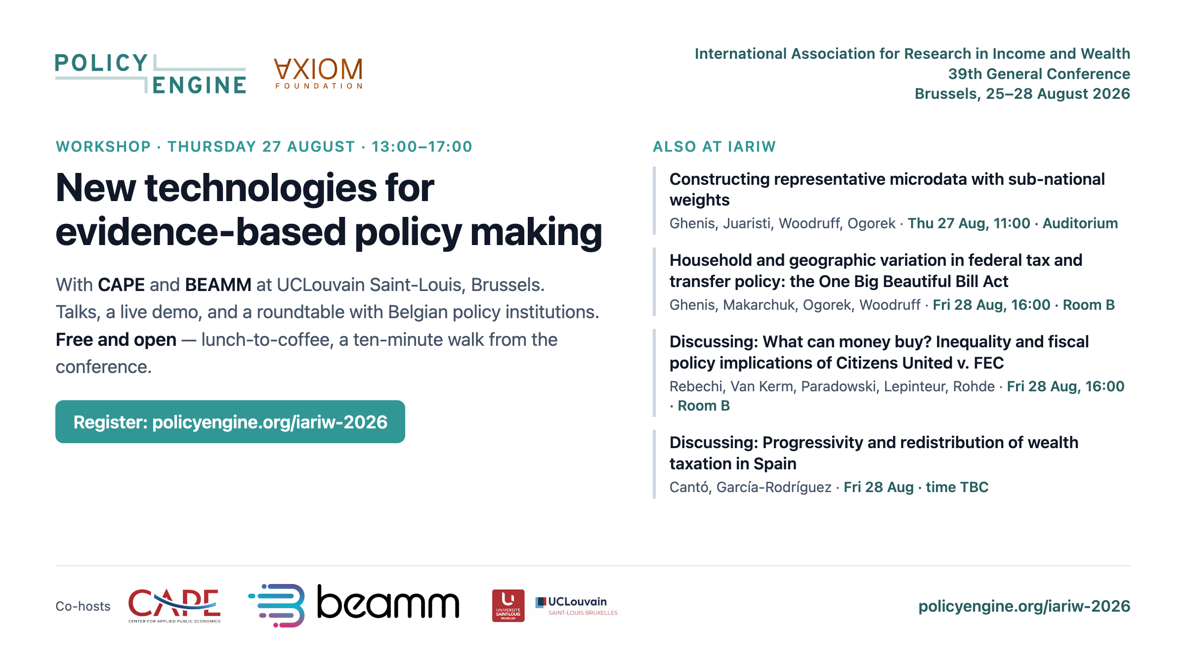 New technologies for evidence-based policy making: a workshop alongside IARIW 2026 — CAPE (UCLouvain Saint-Louis) and PolicyEngine